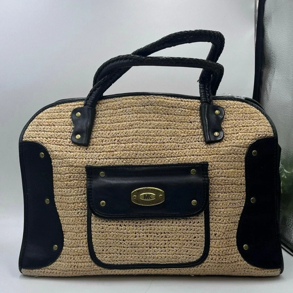 Michael Kors Vintage Leather and Wicker Braided Straw‎ Woven Shoulder Bag
